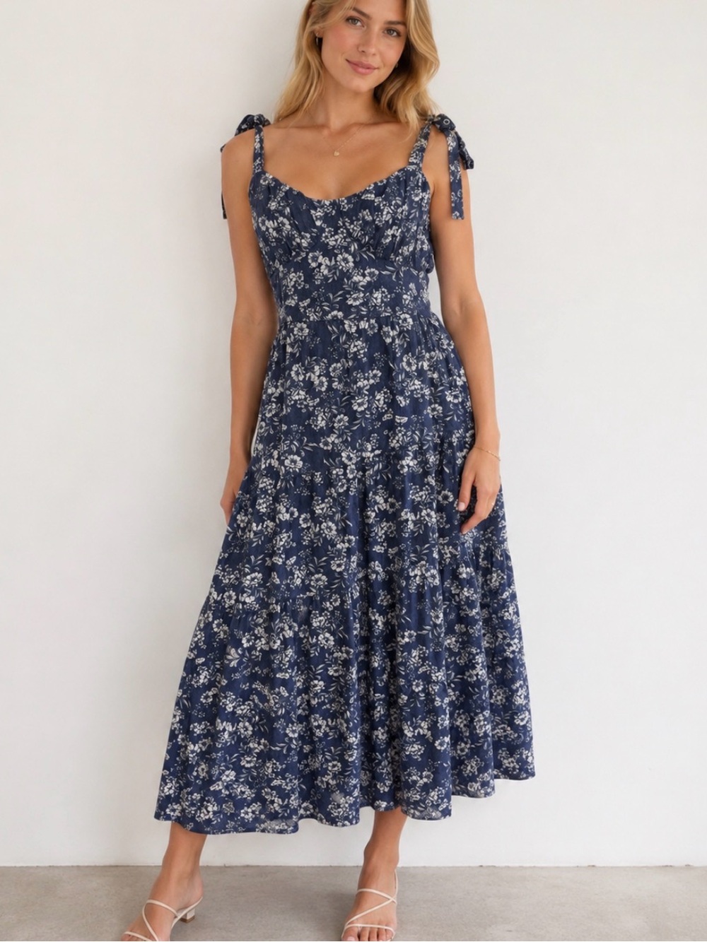 Altar’d State Summer Tie-Shoulder Floral Maxi Dress in Navy